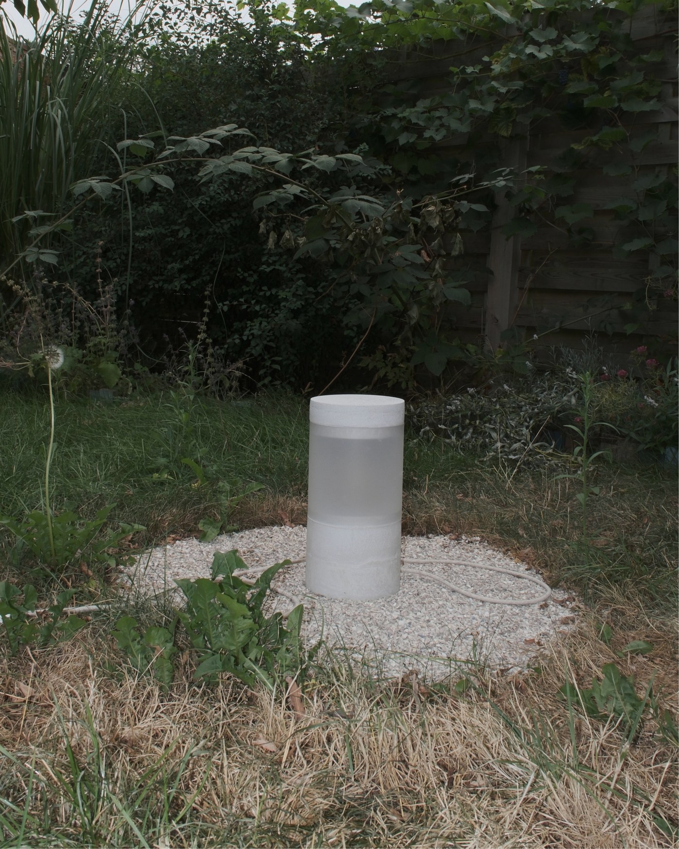 A cylindrical concrete lamp glowing softly on a circle of white gravel in an overgrown garden.